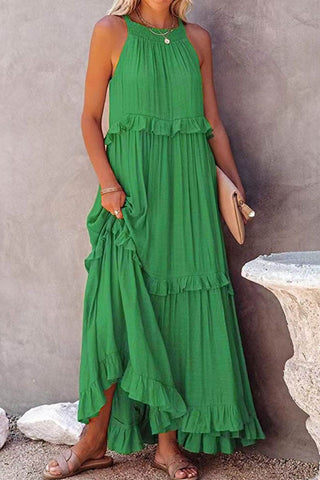 Sonicelife Halter Sleeveless Pleated Tiered Maxi Dress