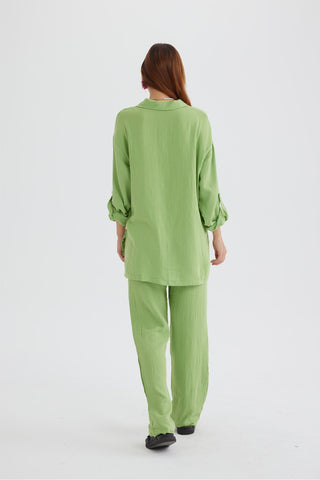 Sonicelife-Long Sleeve Pocketed Slit Shirt Long Pants Suits