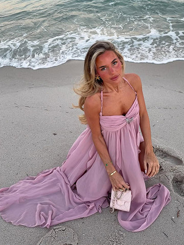 Sonicelife Sweet Ruffles Layer Hem Women Vestidos Fashion Sleeveless Backless High Slit Sling Long Dresses Summer Lady Vocation Beach Robes