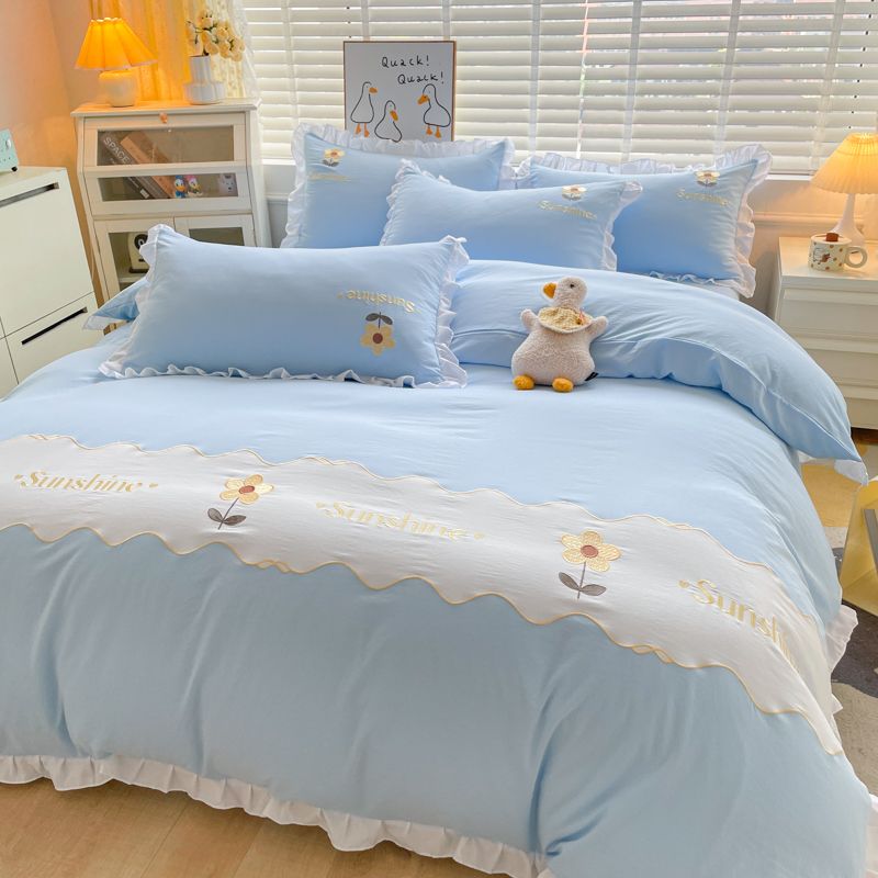 Sonicelife Kawaii Princess Bedding Set with White Ruffles Korean Style Girls Single Full Duvet Cover No Filling Flat Sheet Pillowcases Kit