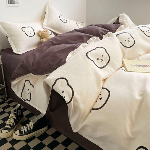 Sonicelife Cute Bear Duvet Cover Set with Flat Sheet Pillowcases Twin Double Queen Size Bed Linen Boys Girls Home Gift Bedding Textile