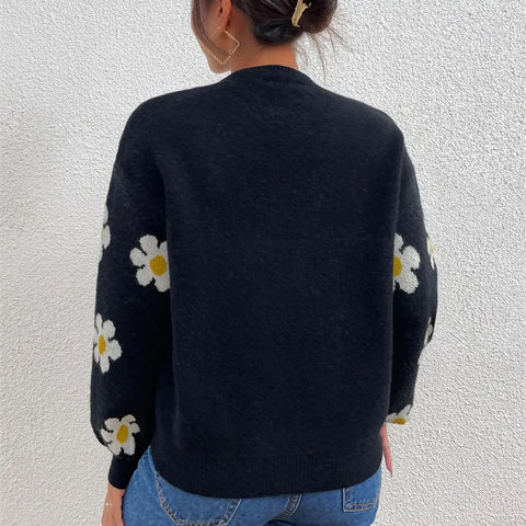 christmas outfit Sonicelife Autumn Winter New College Style Flower Knitted Coat Loose Fashion Round Neck Pullover Print Long Sleeve Sweater Women's Tops