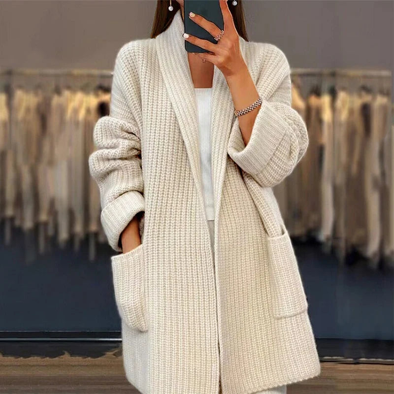 christmas outfit Sonicelife 2025 Winter Fashion Thick Pocket Loose Jacket Autumn Elegant V-neck Knitted Cardigan Women Causal Long Sleeve Solid Sweater Coat