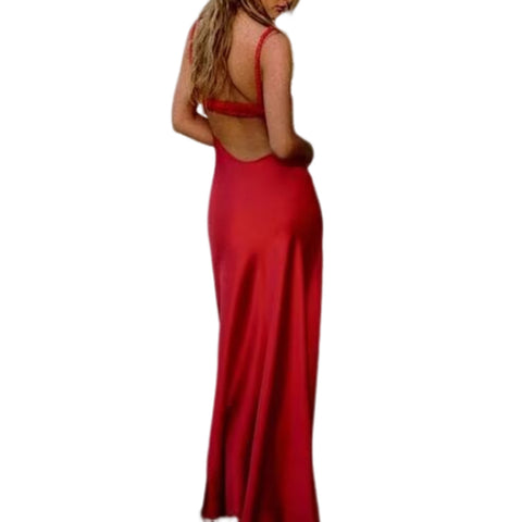 Sonicelife Women's Camisole Dress with V-neck and Backless, Sexy Silk Satin, Medium Length Lingerie Style, New