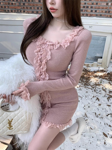 Sonicelife Y2k Dress Women Clothing Kpop Lace Long sleeves Party Dresses High waist Korea Sweet Girl Mini Dressees Harajuku Sexys Dress