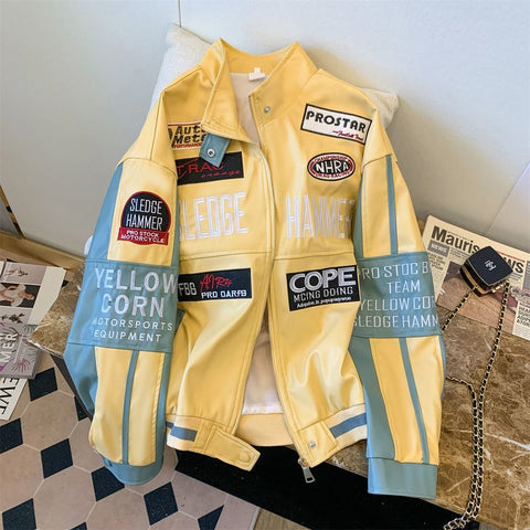 Sonicelife PU jacket embroidered patchwork label leather jacket hiphop cool motorcycle advanced craftsmanship baseball jacket men clothing