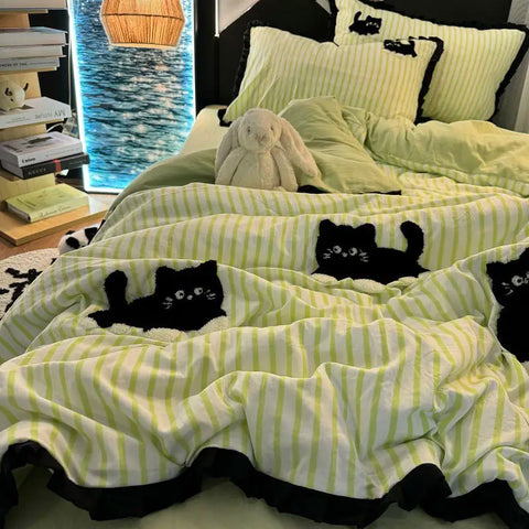 Sonicelife Korean Style Bedding Set Green Strip Black Cat Embroidery Washed Cotton  Duvet Cover Cute Cardboard  Bed linen Comforter Sets