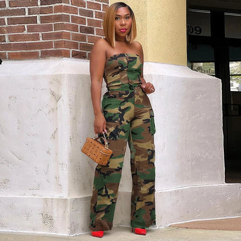 Sonicelife Street Women 2 Piece Camouflage Buttons Strapless Tops Pockets Camo Cargo Pants Sets Camo Bustiers Baggy Pants Two Piece Outfits