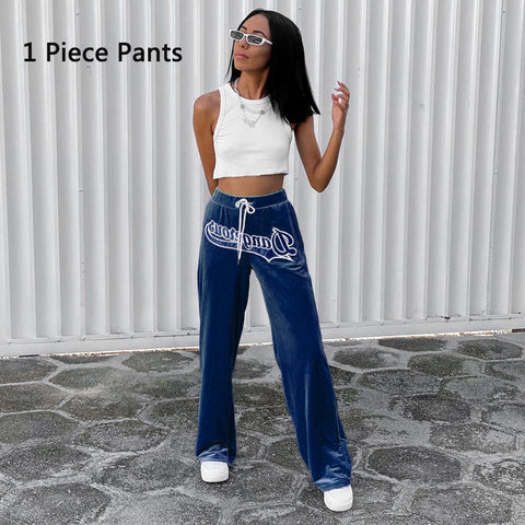 Sonicelife Women Velvet Long Pants Letter Embroidery Mid-waist Drawstring Straight Pants Y2k Stretchy Trousers Hippie Boho Loose Bottoms