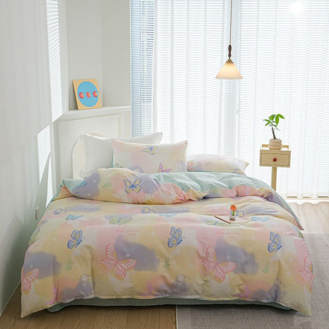 Sonicelife Butterfly Ins Duvet Cover Set No Filler Pillowcase Flat Sheet Korean Style Single Queen Size Girls Boys Home Hotel Bedding Set