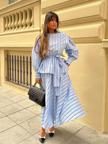 Sonicelife Elegant Stripe Print Skirt Set Women Fashion Belt Lantern Sleeve Shirt Pleated Long Skirts 2024 Spring Summer Casual Lady Outfit