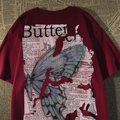 Sonicelife Vintage Patchwork Butterfly Print Oversized T-shirt