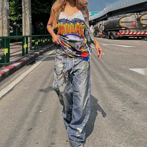 Sonicelife Fashion Women Washed Denim Cargo Pants Pockets Chain Print Straight Jeans Loose Trousers Cool Hiphop Lady Baggy Pants Streetwear