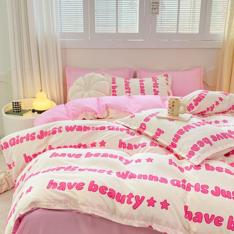 Sonicelife Princess Style Bedding Set Girls Twin Queen Full Size Duvet Cover Set Bed Flat Sheet Pillowcase Kids Adult Pink Letter Bed Linen