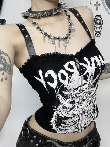 Sonicelife Y2k Cyber Punk Camisole Women Dark Gothic Streetwear Harajuku Grunge Printed Rivets Lace Patchwork Zip-up Crop Ank Tops