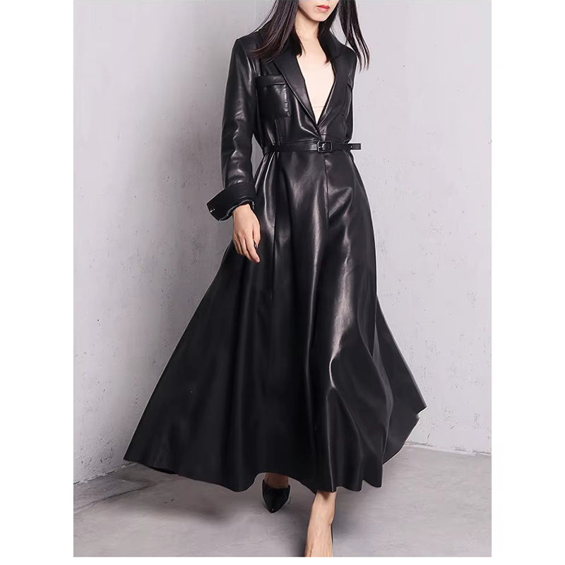 christmas outfit Sonicelife Spring Black Maxi Skirted Faux Leather Trench Coat for Women Extra Long Elegant Luxury Designer Clothes Overcoat