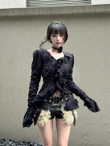 Sonicelife Vintage V Neck Black Shirts Women Y2K Slim Waist Ruffles Blouses Grunge Long Sleeve Chic Pleated Tops Mujer Spring Autumn New