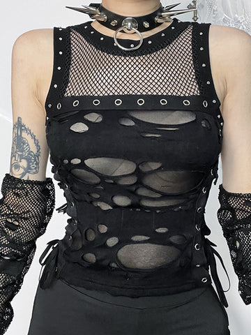 Sonicelife Mall Gothic Vest Women Sexy Hole See Through Lace-up Crop Tank Tops Streetwear Cyber Punk New Fashion Rave Outfits Femme