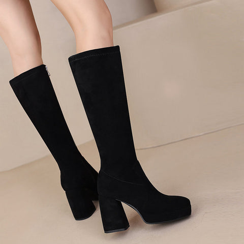 thanksgiving outfit Sonicelife Women Knee High Boots Flock Suede Round Toe Block Heels 9cm Platform 2cm Slip On 45 46 47 Concise Daily Female Booties