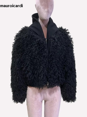 christmas outfit Sonicelife Spring Winter Short Oversized Black Fuzzy Thick Warm Faux Fur Coat Women Fluffy Jacket Furry Hoodie Streetwear 2025