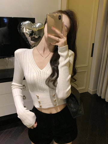 Sonicelife 2025 Autumn Black Casual Knitted Sweater Woman Outwear Basic Korean Fashion Blouse Office Lady Bodycon Slim Y2k Crop Tops Chic