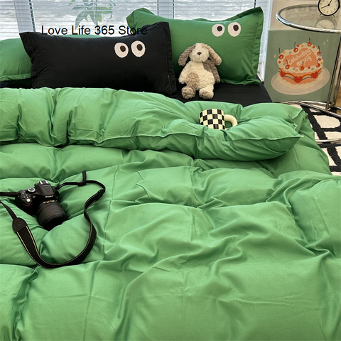 Sonicelife Ins Purple Black Big Eye Solid Color Bedding Set Girls Boys Double Size Flat Sheet Duvet Cover Pillowcase Bed Linen Home Textile