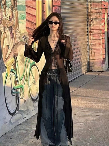 Sonicelife Summer American Retro Print Cardigan Jackets Women Long Sleeve Mesh Sun Protection Coat Women Y2k Grunge Slim Fit Blusas Shirts