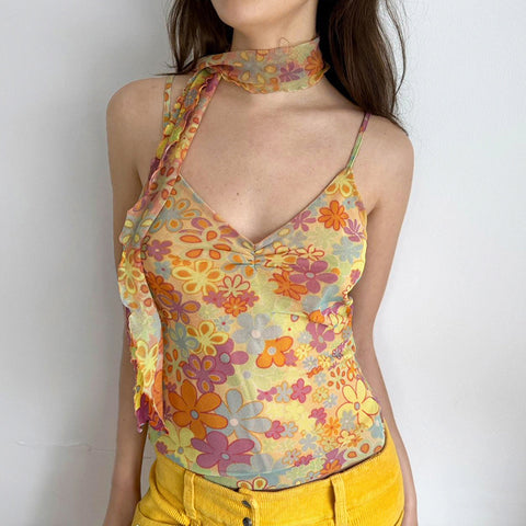 Sonicelife Camis Y2k Sweet Girl 90s Vintage Clothes Sling Flower Summer Slim Mesh Women Korea Harajuku Femme Crop Top Grunge Tank Clothing
