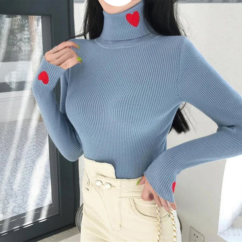 Sonicelife Women Turtleneck Warm Knit Sweaters Heart Embroidered Pullover Slim Bottoming Causal Sweater For Women 2024 Autumn Winter