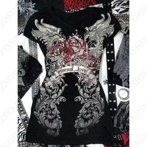 Sonicelife Punk Streetwear Women's T shirt Vintage Clothes 90s Slim Gothic Short sleeve Femme Graphic Tee Grunge Hip Hop Y2k Crop Top Emo