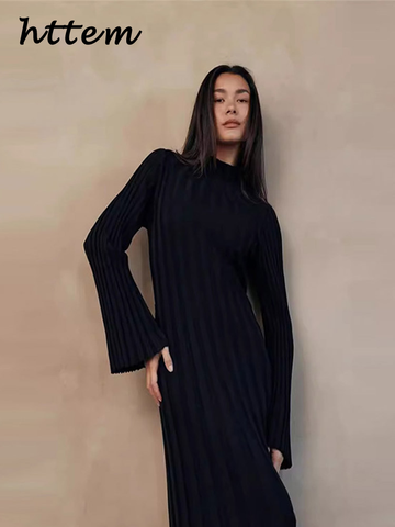 Sonicelife Elegant Knit Ribbed Long Dress Women Solid Half High Collar Flare Sleeve Pleated Party Dresses 2024 Autumn Lady Straight Gown