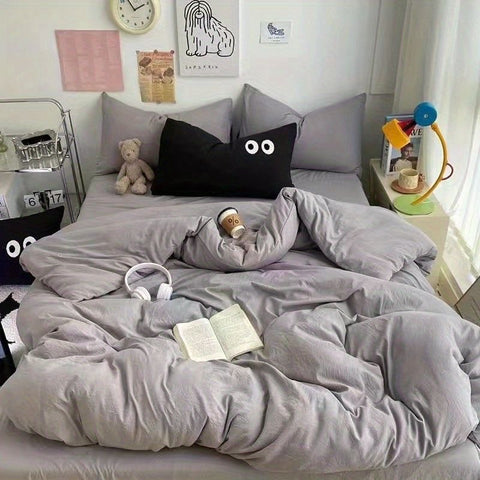 Sonicelife Cute Duvet Cover Set with Sheet Pillowcase No Filler Warm Solid Color Bed Linen Full Queen Size Korean Big Eyes Home Bedding Set