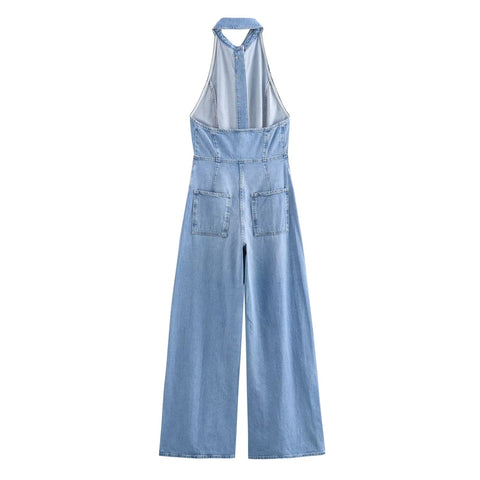Sonicelife Women's Denim Jumpsuit with Hanging Neck Single Breasted Design Fashionable and Sexy Temperament Hanging Back New