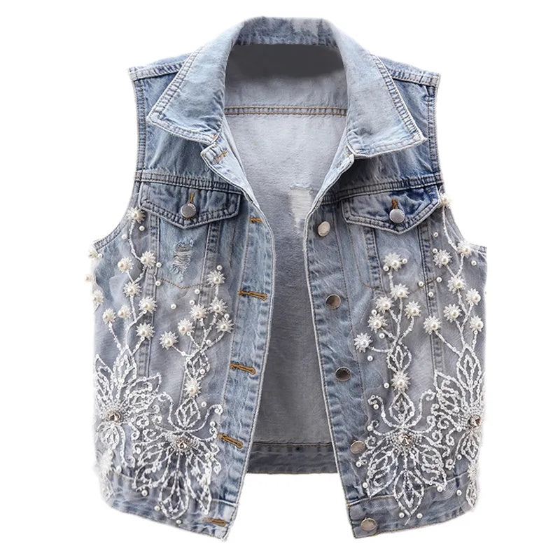 Sonicelife Women Denim Vest 2025 Pearls Fashion Ripped Autumn Jeans Jacket Sleeveless Loose Short Coat Causal Waistcoats Outwear Tops