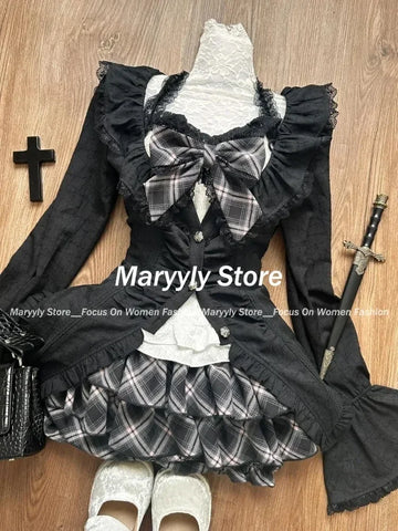 Sonicelife Y2k Gothic Sweet 3 Piece Set Autumn Casual Long Sleeve Cardigan + Slim Lace Bow Vest + Plaid Mini Cake Skirt Women Outfits New