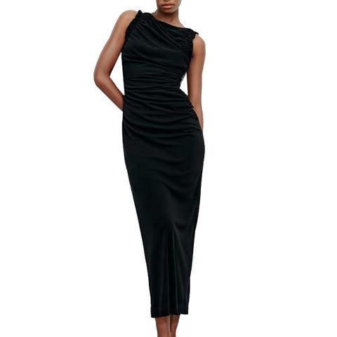 Sonicelife Women's Sleeveless Long Dress with Wooden Ear Lace Folding and Split, Monochromatic, Midlength, Mid Length, New