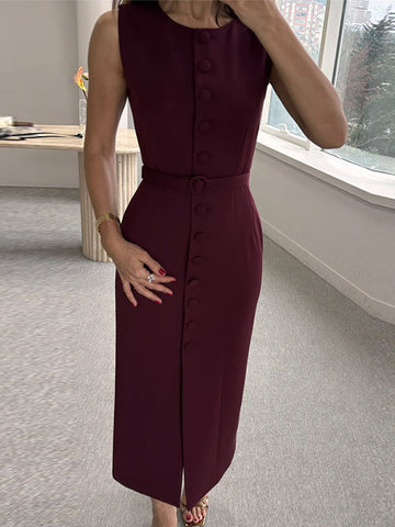 Sonicelife Elegant Single Breasted Tank Dress Women Sleeveless O-neck Slim Solid Belts Dresses 2025 Spring Commute Street Split Lady Robes