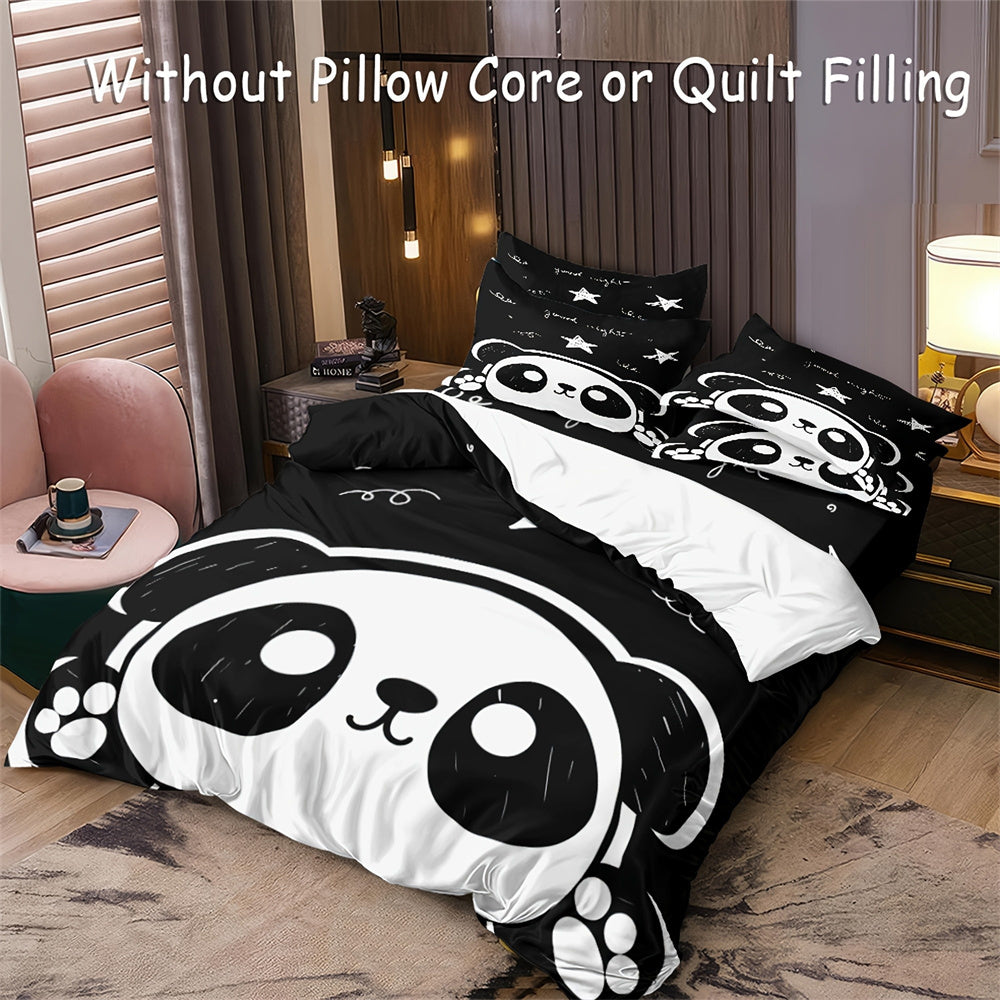 Sonicelife 3-Piece Black and White Panda Print Soft Brushed Microfiber Duvet Cover Set - Luxurious Bedding for Bedroom and Guest Room with