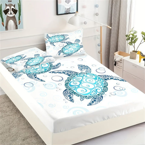Sonicelife Fashion Style Sea Turtle Print Fitted Sheet Set Mattress Covers Comfortable Breathable Bedding Set With Deep Pocket for Bedroom