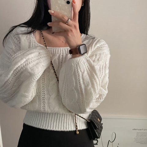 Sonicelife Korean Lantern Sleeve White Sweaters Women Sweet Casual Loose Knitted Pullovers Vintage Square Collar Lady Cute Design Tops