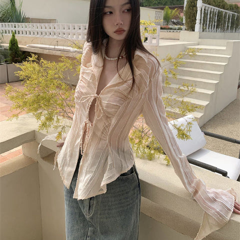 Sonicelife Sexy Lace Up Women Blouse Long Sleeve Spring New Turn-Down Collar Shirt White Y2K Korean Fashion Ladies Tops