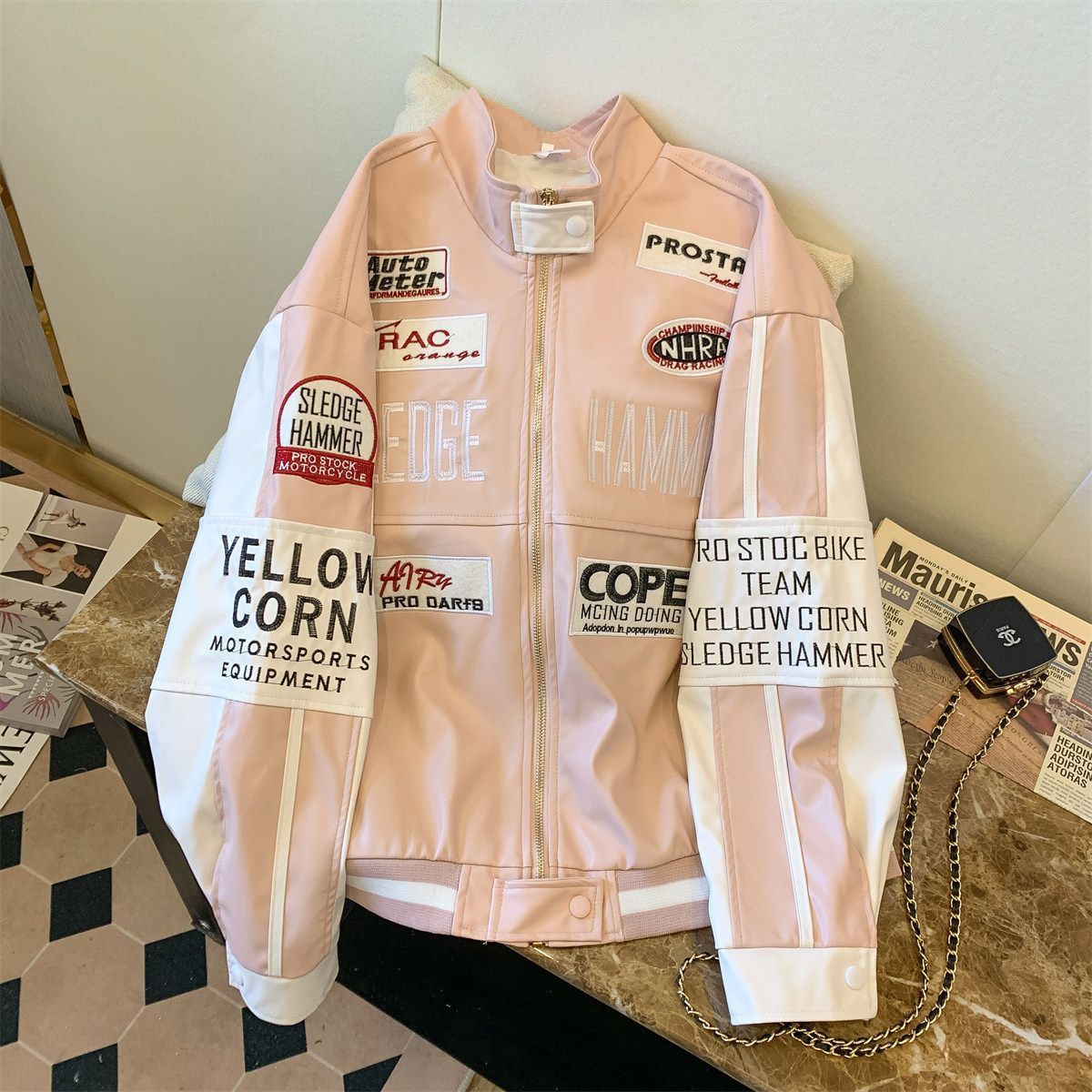 Sonicelife PU jacket embroidered patchwork label leather jacket hiphop cool motorcycle advanced craftsmanship baseball jacket men clothing