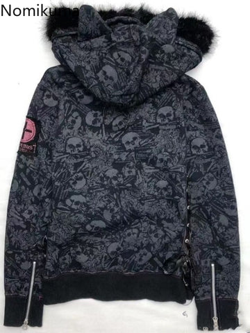 Sonicelife Korean Hoodie Women Clothes Skull Embroidery Punk Sweatshirts Y2k Tops 2025 Ropa Mujer Cat Ear Hooded Skull Zipper Hoodies Coats