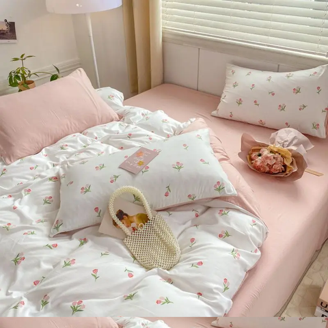 Sonicelife Romantic Tulip Pink Bedding Set Bed Flat Sheet Pillowcase Twin Full Queen Bed Linen Kids Girls Floral Duvet Cover No Filling