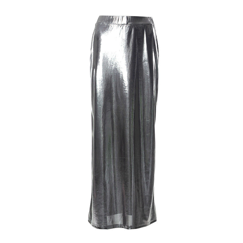 Sonicelife Y2K Lady Metallic Silver PU Leather Long Skirts Low Elastic Waist Maxi Skirts Summer Party Women Sexy Metallic Color Slim Skirts