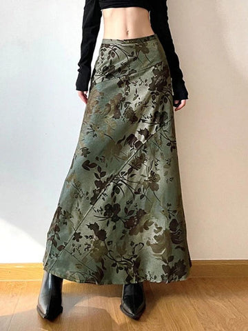Sonicelife-Vintage Flower Print Irregular Splice Midi Skirt