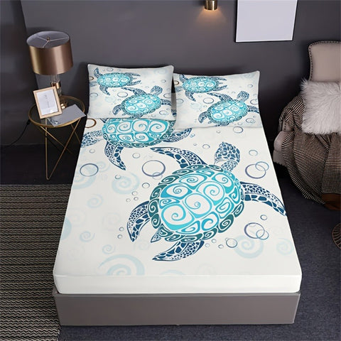 Sonicelife Fashion Style Sea Turtle Print Fitted Sheet Set Mattress Covers Comfortable Breathable Bedding Set With Deep Pocket for Bedroom