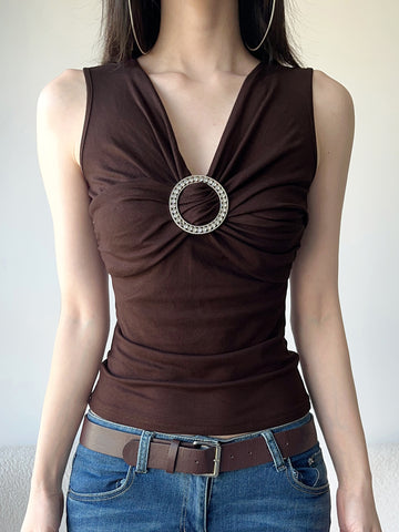 Sonicelife Vintage Y2k Brown Vest Women Mall Gothic Streetwear Harajuku Ring V-neck Tank Tops New Fashion Grunge Rave Outfits Femme