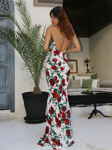 Sonicelife Vintage Printing With Scarf Long Dresses Women Elegant U Neck Open Back Maxi Vestidos Summer 2025 Lady Sleeveless Bodycon Robes