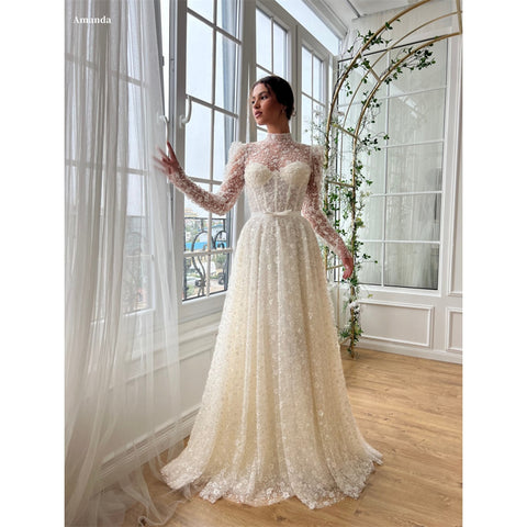 Sonicelife Customized Appliques Mesh Sleeves Tiered Ruffle A-line Wedding Dress Floor-Length vestidos de noche Cut-out Party  Dress-(PRE-ORDER)